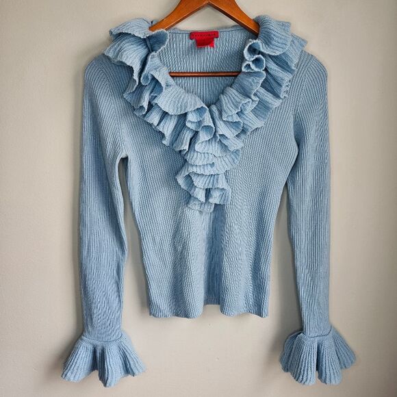 Yarns by Mododoc Pastel Blue Ruffle Wool Top Womens Medium Bell Sleeve Y2K Fairy - Picture 5 of 11
